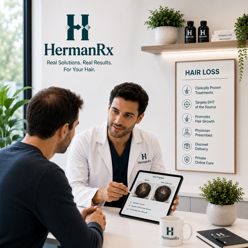 Male physician consulting with a patient about personalized hair loss treatment at HermanRx.