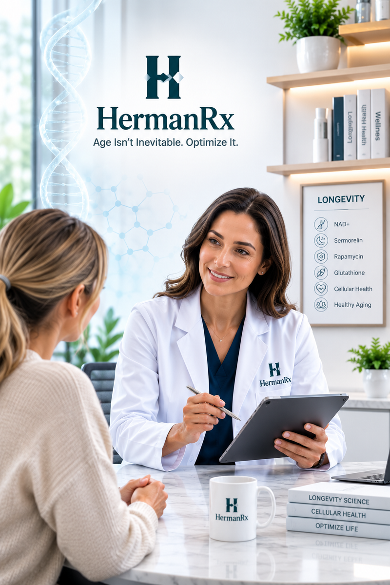 Female physician discussing personalized longevity treatment with a patient at HermanRx.