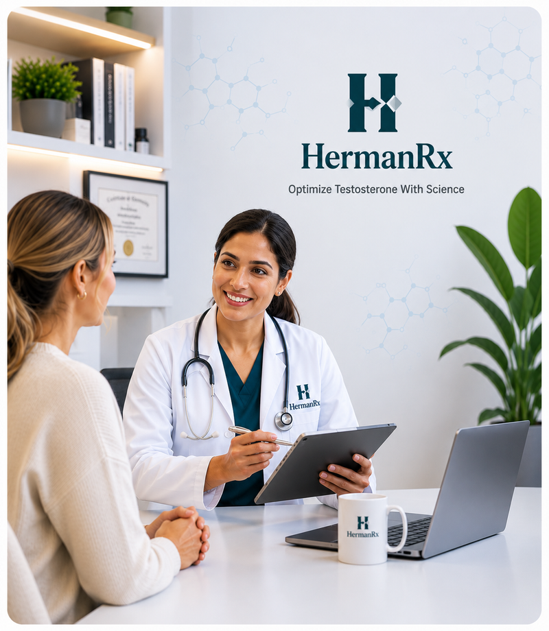Female doctor consulting with a patient at HermanRx hormone optimization clinic.