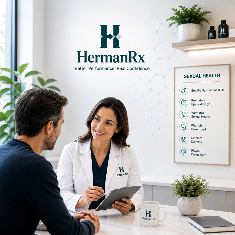 Female physician consulting with a male patient about personalized sexual health treatment at HermanRx.